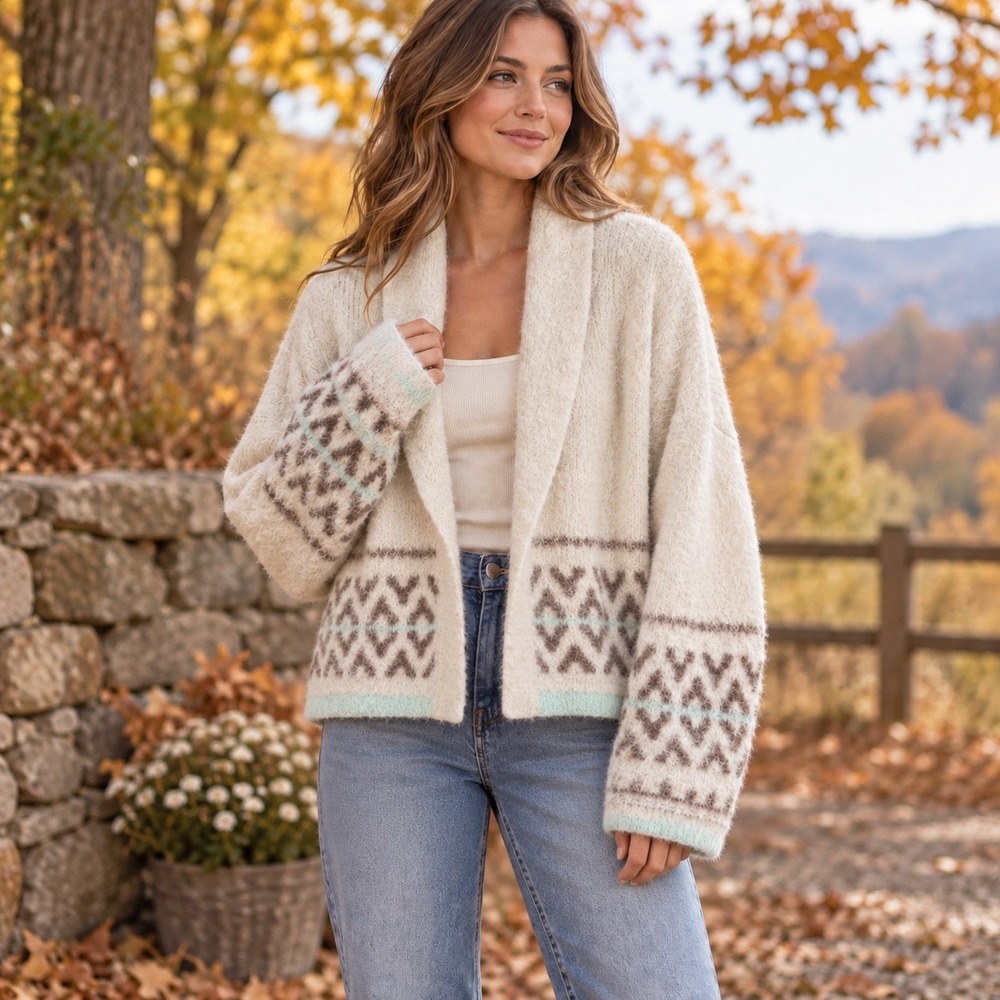 ana a new approach Womens Large Cream Fair Isle Shawl Collar Cardigan Sweater